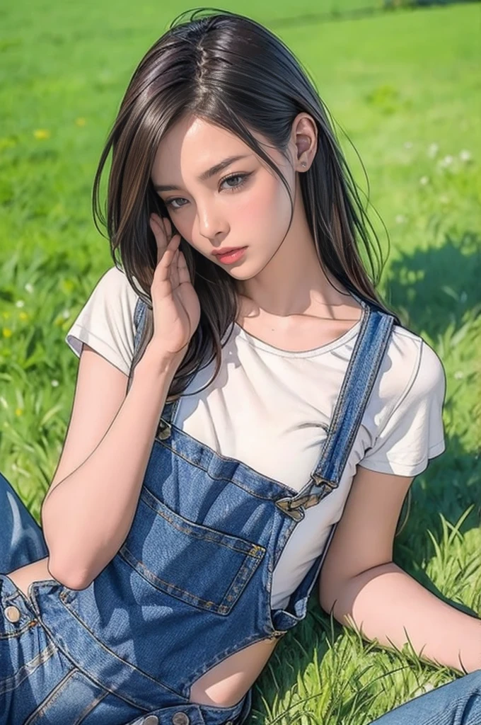 1 (wearing jeans overalls:1.3), Lie down on the grass, Overhead Camera, Sharp focus, good looking, skinny,Professional Lighting,city,Rendered eyes,Tall body,Adult female,Hair accessories,Most Viewed on Instagram,formula wallpaper, Official Art,(K-Pop Idols), Half-closed eyes,building,((Photorealistic paintings by Midjourney and Greg Rutkowski)),((Supermodel)), 