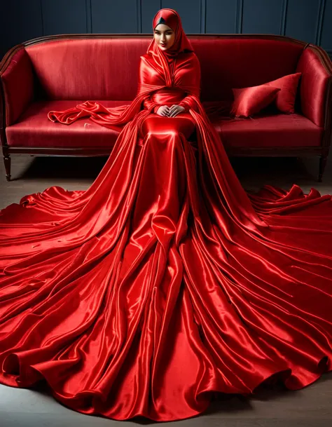 a woman shrouded in a 10-meter-long, plush red semi transparent satin shimmer cloth, tightly bound and grandly draping along the...