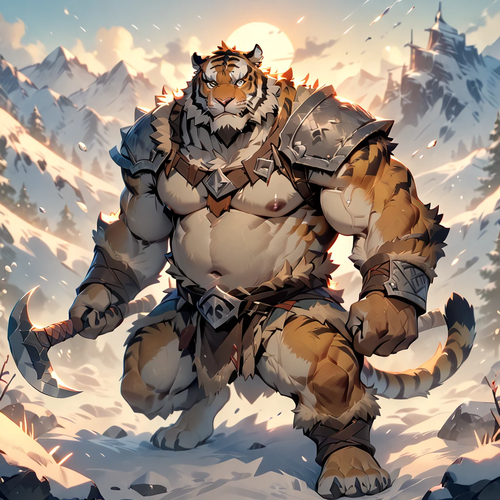 NSFW masterpiece, best quality, very aesthetic, absurdres, BREAK noise reduction, sharp, BREAK [face:full body:10], looking away, dynamic angle, barbarian, musclegut middle-aged tiger man, fluffy body, tail, [nude::15] BREAK small penis with beautiful thin and tight foreskin, hairy testicles, flaccid, thin foreskin, anus, brown eyes, beautiful beard, male face, big face, square jawline, male eyes, sharp eyes, big eyes, male eyebrows, innocent look, BREAK one hand holding axe, brief, breast plate, helmet, fighting, BREAK [simple background::12], evening, snow field, path, outdoor,