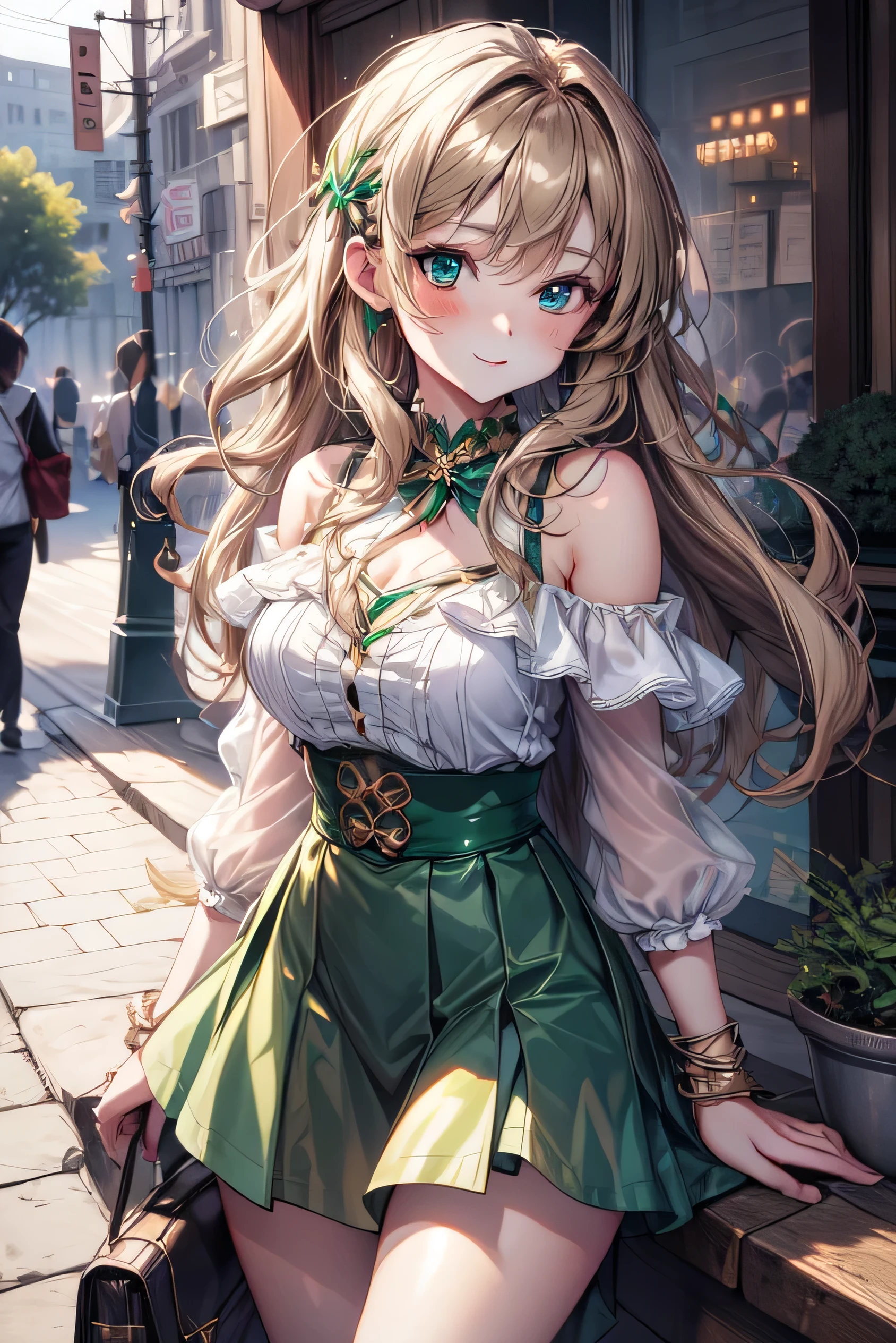 anime style, A stunningly beautiful cute girl with light brown hair， and Emerald-Green-colored eyes， anime style, A stunningly beautiful girl wearing a off shoulder top and a skirt on a date
