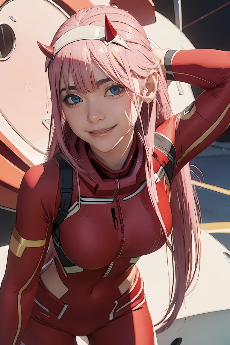 ((best quality)),((highly detailed)),masterpiece,absurdres,detailed face,beautiful face,((detailed eyes, deep eyes)),(1girl),((dynamic pose)), Zero_Two, green eyes, 1girl, solo, red bodysuit, long hair, pilot suit, pink hair, bodysuit, straight hair, hairband, standing, horns, breasts, bangs, closed mouth, looking at viewer, medium breasts, white hairband, skin tight, blunt bangs, makeup, eyeshadow, very long hair, sidelocks, expressionless, hair between eyes, red horns, shiny hair, towards viewer, smile,