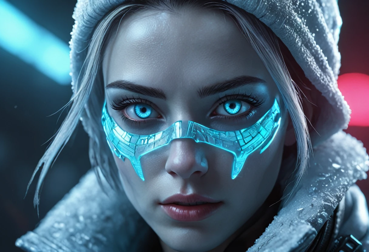 WOMAN&#39;S FACE powerful armor, sharp look,
Frost, calls, Perfect details, (The best quality, 4k,
High resolution, masterpiece:1.2), Ultra detailed,
realistic:
1.37, HDR-10, studio lighting, bright colors, (cyberpunk,
Futuristic) style, Ice Blue Color Scheme, dynamic lighting. MOD ULTRA FACE 8k laser eyes