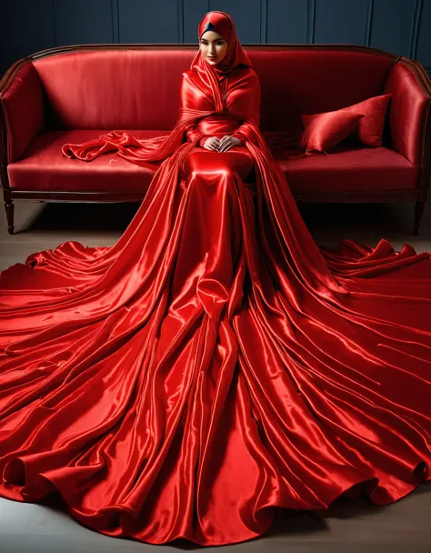 a woman shrouded in a 10-meter-long, plush red semi transparent satin shimmer cloth, tightly bound and grandly draping along the...