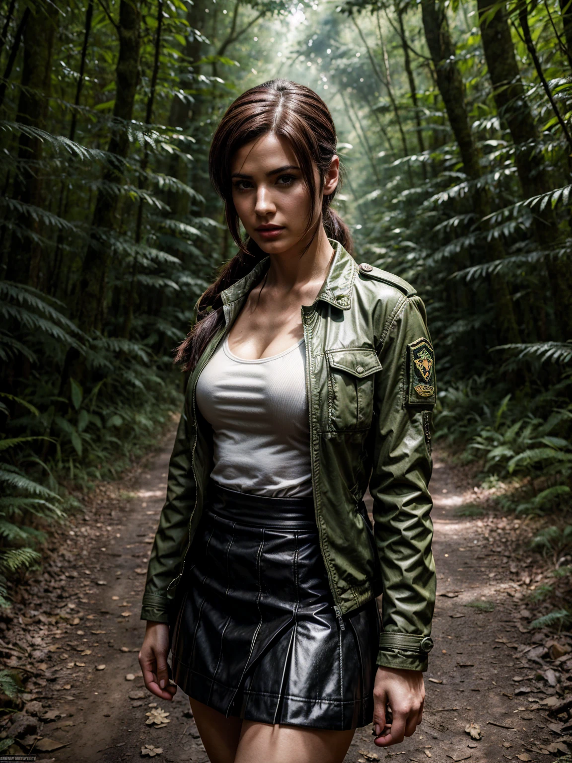 arafed woman in a skirt and jacket posing in the woods, quiet from metal gear solid, gorgeous jungle ranger, tifa lockhart, quiet from metal gear solid v, juri han from street fighter, in the forest, kate bishop, deep in the forest, tifa lockheart, a sexy maid in a magical forest, in the woods