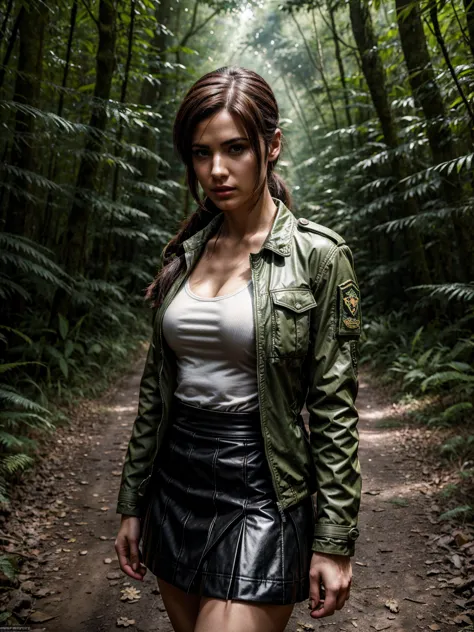 arafed woman in a skirt and jacket posing in the woods, quiet from metal gear solid, gorgeous jungle ranger, tifa lockhart, quie...