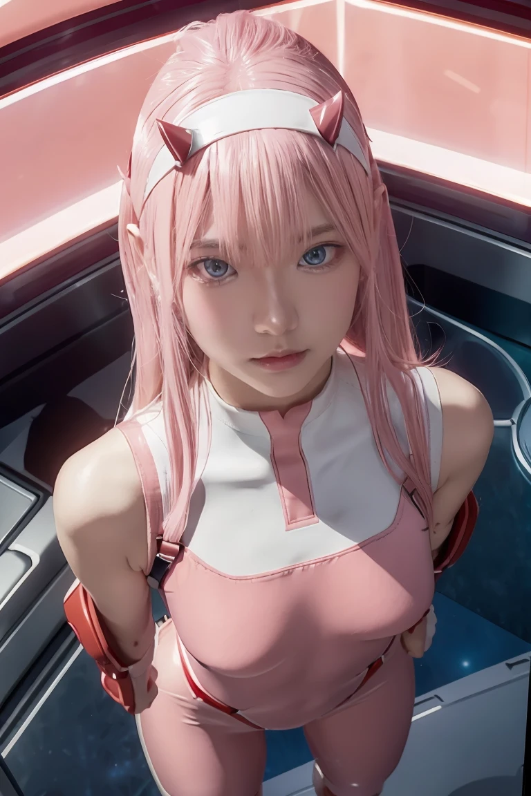 (Overhead view),dynamic angle,ultra-detailed, illustration, straight on, 1girl, ((Zero two, interface headband with a pair of horns, red bodysuit:1.4, pink hair)), Her eyes shone like dreamy stars,(glowing eyes:1.233),(beautiful and detailed eyes:1.1),(expressionless, closed mouth),(standing), (mechanic room with tools and spaceship window in a white SPACESHIP), (night:1.2), dreamy, [[delicate fingers and hands:0.55]::0.85],(detail fingers),