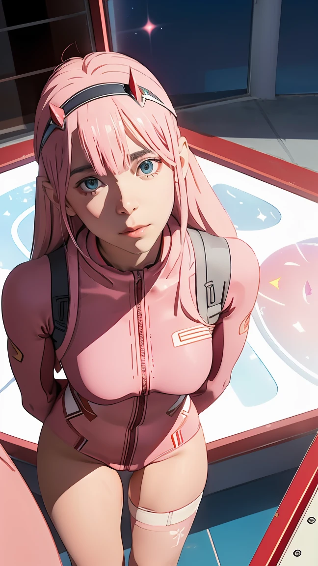 (Overhead view),dynamic angle,ultra-detailed, illustration, straight on, 1girl, ((Zero two, interface headband with a pair of horns, red bodysuit:1.4, pink hair)), Her eyes shone like dreamy stars,(glowing eyes:1.233),(beautiful and detailed eyes:1.1),(expressionless, closed mouth),(standing), (mechanic room with tools and spaceship window in a white SPACESHIP), (night:1.2), dreamy, [[delicate fingers and hands:0.55]::0.85],(detail fingers),