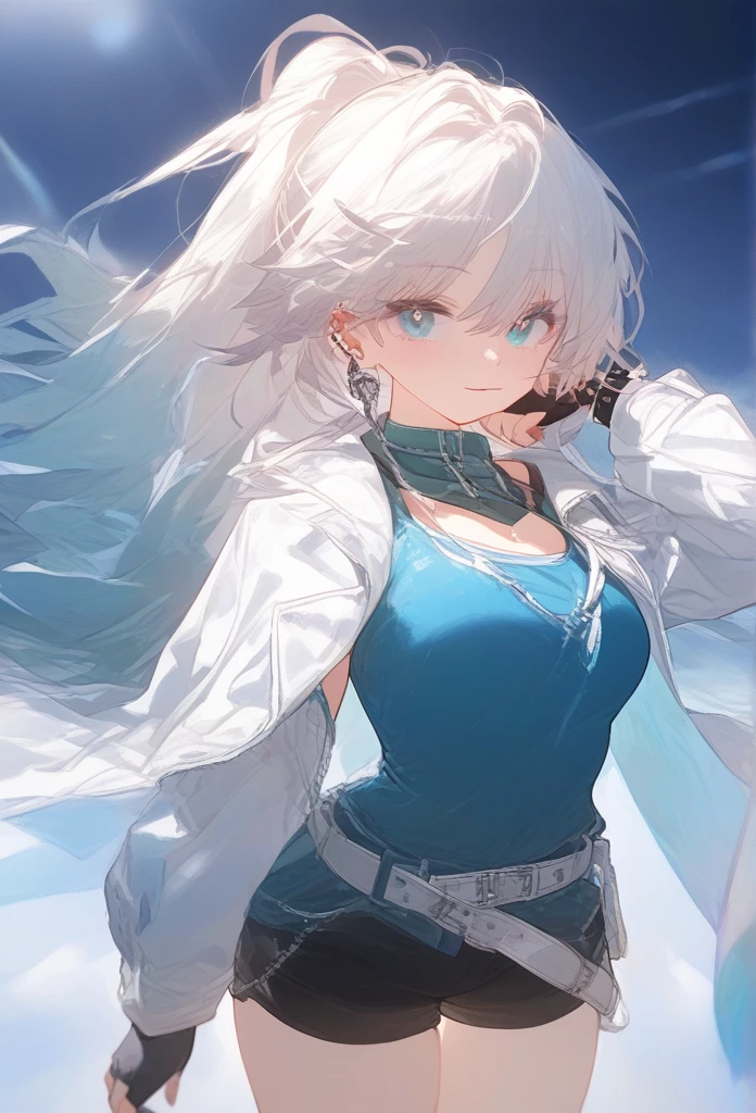 score_9, score_8_up, solo, 1girl, cowboy shot, looking at viewer, facing viewer, FeixiaoDefault, long hair, ponytail, (((gradient hair))), white hair, blue eyes, ear piercing, white coat, black gloves, fingerless gloves, white belt, blue waist cape, black shorts, thigh strap, knee boots source_anime, rating_explicit