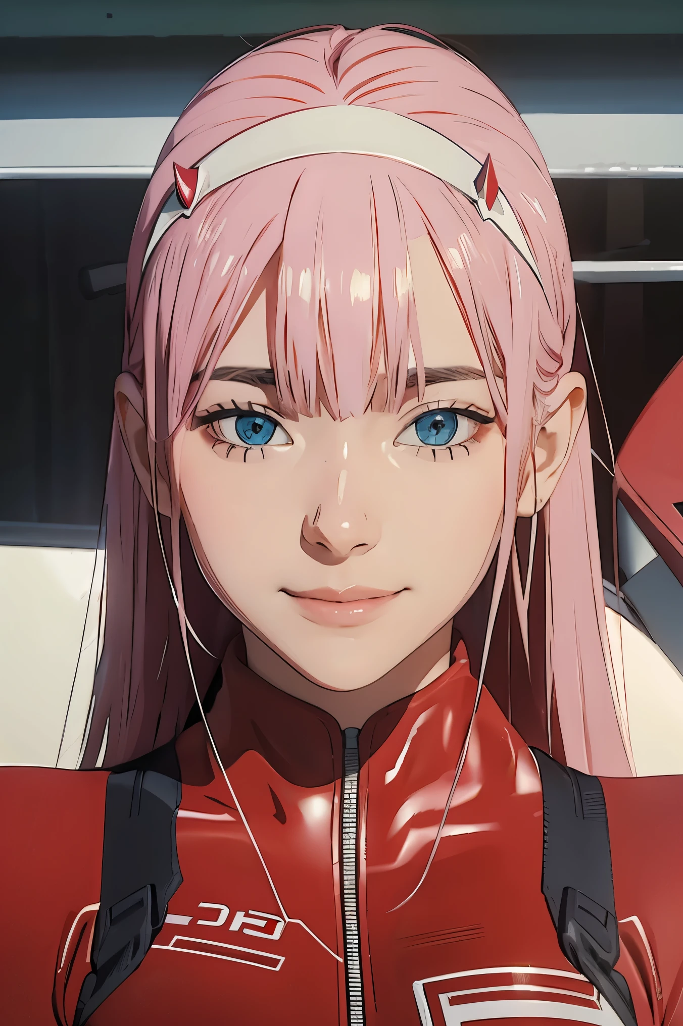 ((best quality)),((highly detailed)),masterpiece,absurdres,detailed face,beautiful face,((detailed eyes, deep eyes)),(1girl),((dynamic pose)), Zero_Two, green eyes, 1girl, solo, red bodysuit, long hair, pilot suit, pink hair, bodysuit, straight hair, hairband, standing, horns, breasts, bangs, closed mouth, looking at viewer, medium breasts, white hairband, skin tight, blunt bangs, makeup, eyeshadow, very long hair, sidelocks, expressionless, hair between eyes, red horns, shiny hair, towards viewer, smile,