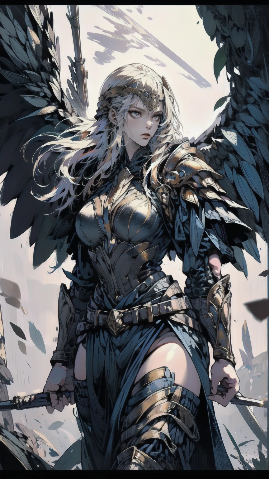 Mysterious fantasy concept art, girl in black and Gold Armor, Gold Tiara, Gold Armor, Has a golden sword, Low Wing, Wings on the head, Multiple Wings, Winged Helmet, Glowing Sword, Glowing Rune, Conceit, Glowing Eyes, Good eyes, The pupils constrict, glowing Good eyes, tsurime, I parted my lips, magic circle, glory, glory light, glory light \(arms\), Lighting, Swirling lights are shining, gem, blue gemstone, with a dynamic and Magical background, Looking down, masterpiece, Best Quality, grow, Celestial, Mysterious, Picturesque, amazing, Majestic, Magical, Fantasy art, Cover art, Dreamy, Multilayer Texture, High resolution, High Dynamic Range, Maximum clarity and sharpness, Multilayer Texture, 