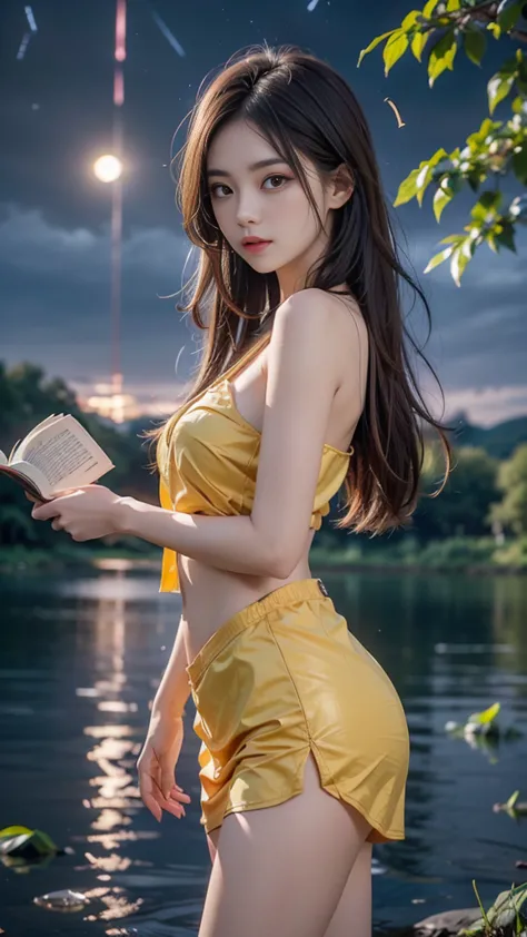 ulzzang-6500-v1.1, (raw photo: 1.2), (real photo), (real photo: 1.4), 1 girl、perfect anatomy、the girl stood by the lake, yellow ...