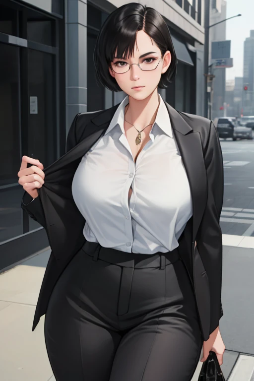 1girl, wearing stylish executive clothes, voluptuous, sensual, short black hair, gray outfit, haughty, eyeglass, best quality, ultra-detailed, semi-realistic, detailed facial features, masterpiece