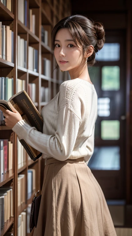 (8k, RAW photo, best quality), (photo realistic), anatomically correct, textured skin, (Extremely precise and accurate anatomy), Ultra Detailed Face, Detailed Eyes, 

A cute Japanese girl, 26yeras old, Carrying a few books in the library, 

(looking at viewer), 
(fearless smile:0.1),  Mouth slightly open,
(lchignon:1.4), dark brown hair, Forehead, BREAK,

white simple summer sweater, BREAK,
simple silky flared skirt, Light brown skirt, Midi length skirt, 
Earrings, Necklace, 

(background Spacious library interior, many bookshelves), 
(backlighting), 
reflection light from below, 
atmospheric perspective, depth of field, 
(dramatic lighting), cinematic lighting, 