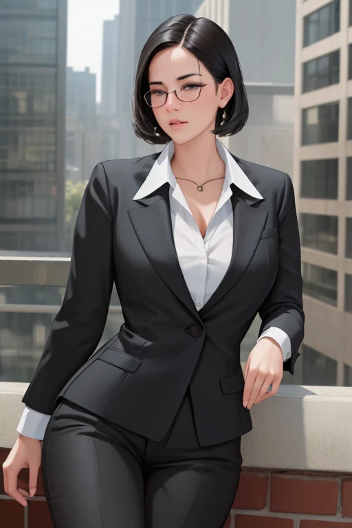 NSFW, masterpiece, best quality, ultra-detailed, semi-realistic, detailedfacialfeatures, 1girl,wearing stylish executive clothes,voluptuous,Sensual,short black hair,gray outfit,haughty,eyeglass