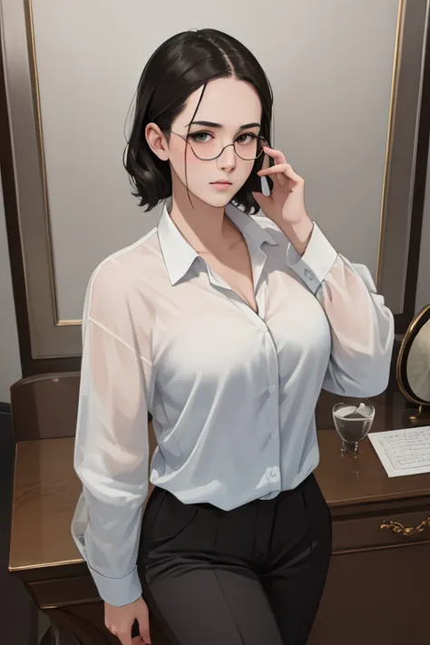 nsfw, masterpiece, best quality, ultra-detailed, semi-realistic, detailedfacialfeatures, 1girl,wearing stylish executive clothes...