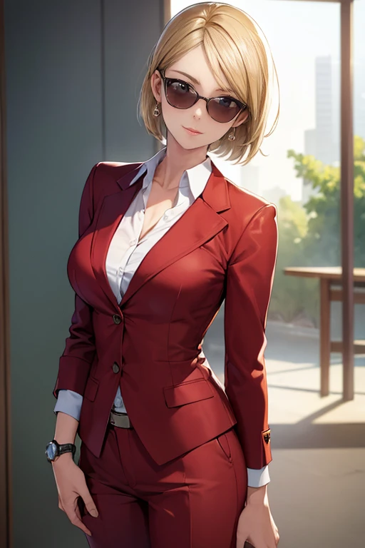 (masterpiece,Best Quality:1.4),(8k,RAW Photos,Photorealistic:1.2),Shiny skin,Detailed skin,Detailed face,Fine grain,One girl,Japanese Idols,Beautiful Face, Short Hair, Blonde, beautiful girl, Tall Girl, Perfect body, whole body, A faint smile, Standing, Wear formal clothing, formal red shirt, Red trousers, Red blazer, Wear a blazer, Putting on earrings, I'm wearing sunglasses,Wearing a watch, Being in a public place, I&#39;Tokyo city m, Being on the street, Portrait Photography, HD quality, 8k, Beautiful images, HD Images, RAW Photos