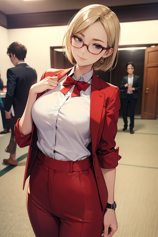 (masterpiece,Best Quality:1.4),(8k,RAW Photos,Photorealistic:1.2),Shiny skin,Detailed skin,Detailed face,Fine grain,One girl,Japanese Idols,Beautiful Face, Short Hair, Blonde, beautiful girl, Tall Girl, Perfect body, whole body, A faint smile, Standing, Wear formal clothing, formal red shirt, Red trousers, Red blazer, Wear a blazer, Putting on earrings, I'm wearing sunglasses,Wearing a watch, Being in a public place, I&#39;Tokyo city m, Being on the street, Portrait Photography, HD quality, 8k, Beautiful images, HD Images, RAW Photos