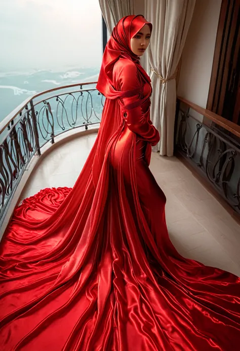 a woman shrouded in a 10-meter-long, plush red semi transparent satin shimmer cloth, tightly bound and grandly draping along the...