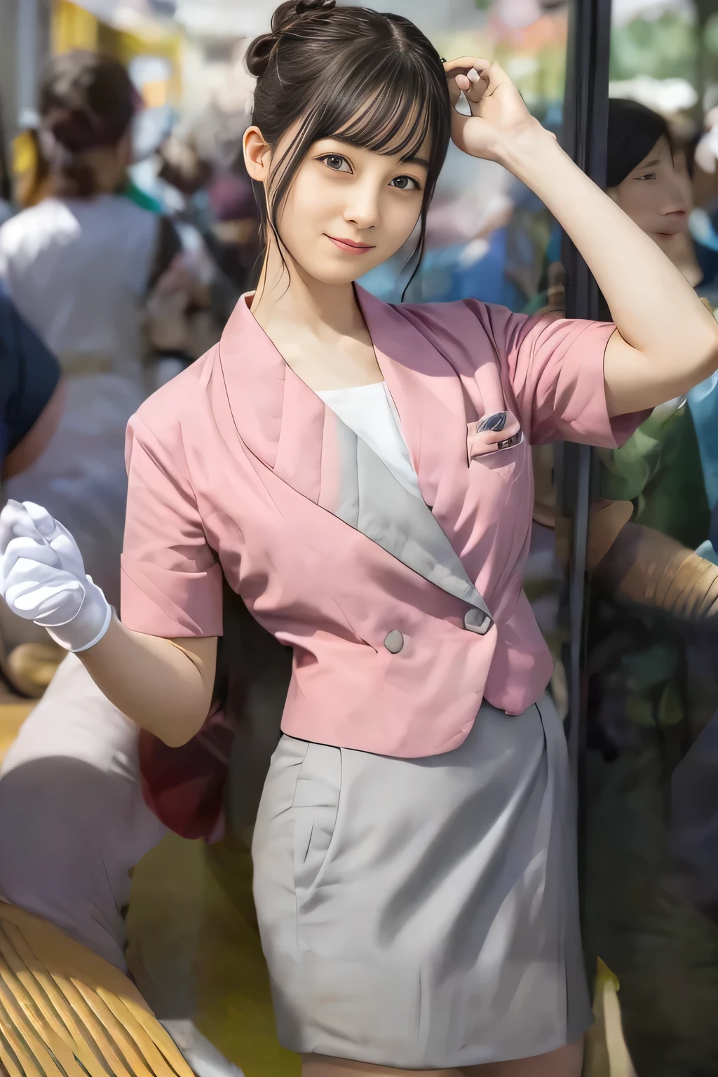 (masterpiece:1.2, Best Quality:1.2), 32K HDR, High resolution, (Alone、1 girl)、（On the roof of a building during the day、Professional Lighting）、Building rooftop background、（Nankai train crew uniform pinkを着たリアルスタイル）、（Nankai Railway crew uniform, pink, short sleeve, collarless, pink jacket、Nankai Railway crew uniform pink no-collar short-sleeve blouse、Nankai Railway crew uniform pink grey knee-length culottes）、（（The bottom of the pink short-sleeved jacket cannot be tucked into the clay-colored culottes..））、Dark brown hair、（Hair tied up、Hair Bun、Hair Bun）、Dark brown hair、Long Shot、Big Breasts、Thin legs、（（Great hands：2.0）），（（Harmonious body proportions：1.5）），（（Normal limbs：2.0）），（（Normal finger：2.0）），（（Delicate eyes：2.0）），（（Normal eyes：2.0））)、smile、（Nankai Railway crew uniform pink grey knee-length culottesを見せた美しい立ち姿）
