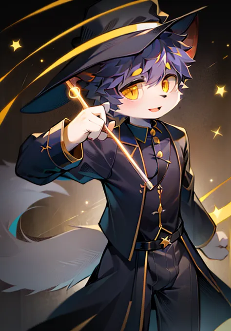 magician，handsome，cute，white male cat，boy，big furry tail，black clothes，black hat，golden eyes，holding a magic wand，perform magic。...