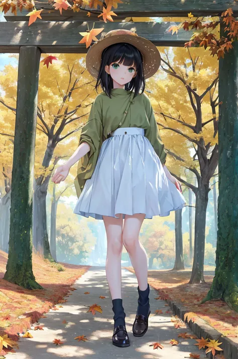 (masterpiece, best quality), 20 years old、one girl, thin legs、medium hair、bangs、green eyes、cozy autumn themed stroll, nature wal...