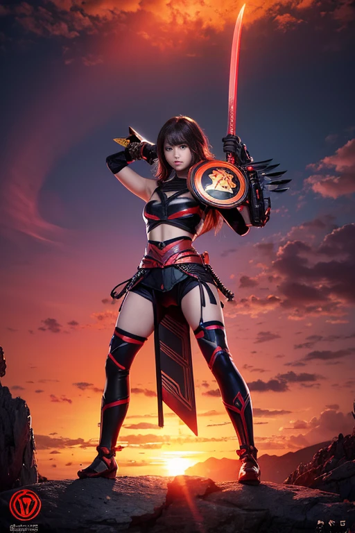 Black and neon red trimmed Insectoid warrior wielding an obsidian sword and shield.,Floral background with round base on the ground with epic golden sunset light