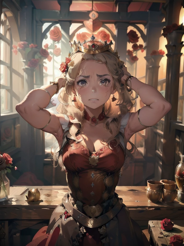 (The highest image quality, master piece:1.2), (Ultra Definition Illustration), (very beautiful matured queen, 45yo:1.3), (captured, in_prison), rpgroyal, (sleeveless gorgeous queen red dress with roses:1.3), (armpits), arms behind head, blond wavy hair, (embarrassed, crying:1.2),