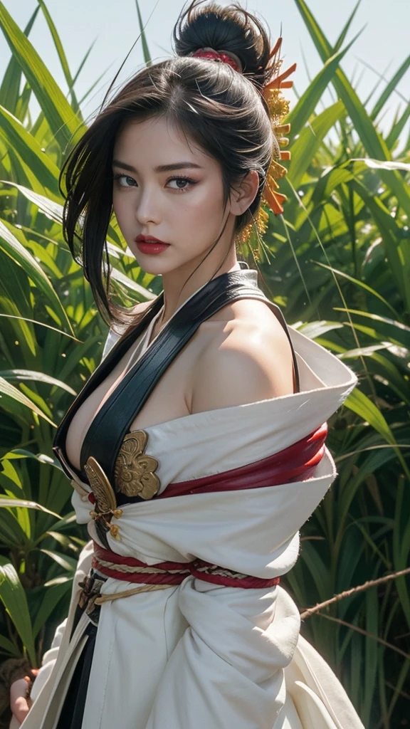 highest quality、masterpiece、8k、Realistic、超High resolution、Very delicate and beautiful、High resolution、Cinema Lighting、medium range shooting、Portraiture、Perfect female body、Beautiful woman、Mature Woman、Opposition、(Big Breasts:1.4)、Looking at the audience、grassland、(Female Samurai from Another World、traditional armor、Scarlet Hakama、Sharp sword、Long black hair、Strong body、The Spirit of Bushido、Battle Scars、A short sword in the obi、Brave eyes、Shoulder pad with family crest、Leather sandals)、Ready to Battle、Kimono swaying in the wind、A determined look、Ancient Tactics、Otherworldly background、Silence after the war