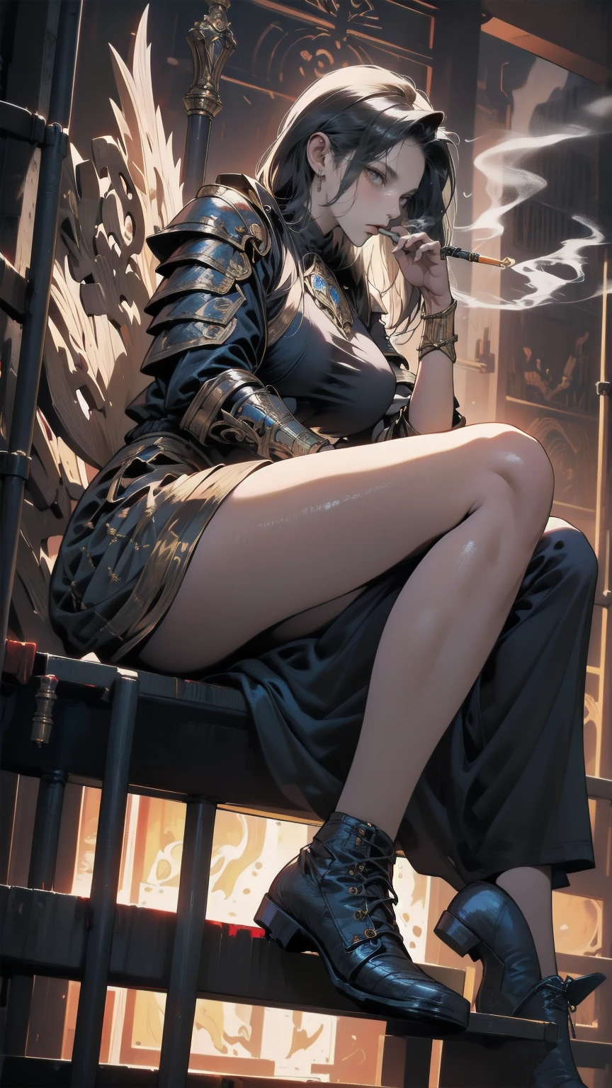 Watching the audience、,(whole body, Legs and shoes are visible: 1.2),.View your viewers、Holding a cigarette、Mysterious fantasy concept art, girl in black and Gold Armor, Gold Tiara, Gold Armor, Has a golden sword, Low Wing, Wings on the head, Multiple Wings, Winged Helmet, Glowing Sword, Glowing Rune, Conceit, Glowing Eyes, Good eyes, The pupils constrict, glowing Good eyes, tsurime, I parted my lips, magic circle, glory, glory light, glory light \(arms\), Lighting, Swirling lights are shining, gem, blue gemstone, with a dynamic and Magical background, Looking down, masterpiece, Best Quality, grow, Celestial, Mysterious, Picturesque, amazing, Majestic, Magical, Fantasy art, Cover art, Dreamy, Multilayer Texture, High resolution, High Dynamic Range, Maximum clarity and sharpness, Multilayer Texture,