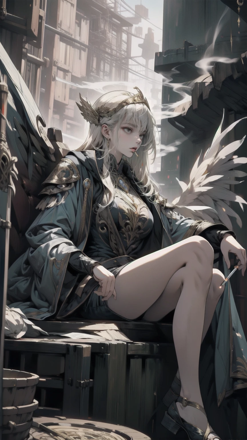 Watching the audience、,(whole body, Legs and shoes are visible: 1.2),.View your viewers、Holding a cigarette、Mysterious fantasy concept art, girl in black and Gold Armor, Gold Tiara, Gold Armor, Has a golden sword, Low Wing, Wings on the head, Multiple Wings, Winged Helmet, Glowing Sword, Glowing Rune, Conceit, Glowing Eyes, Good eyes, The pupils constrict, glowing Good eyes, tsurime, I parted my lips, magic circle, glory, glory light, glory light \(arms\), Lighting, Swirling lights are shining, gem, blue gemstone, with a dynamic and Magical background, Looking down, masterpiece, Best Quality, grow, Celestial, Mysterious, Picturesque, amazing, Majestic, Magical, Fantasy art, Cover art, Dreamy, Multilayer Texture, High resolution, High Dynamic Range, Maximum clarity and sharpness, Multilayer Texture,