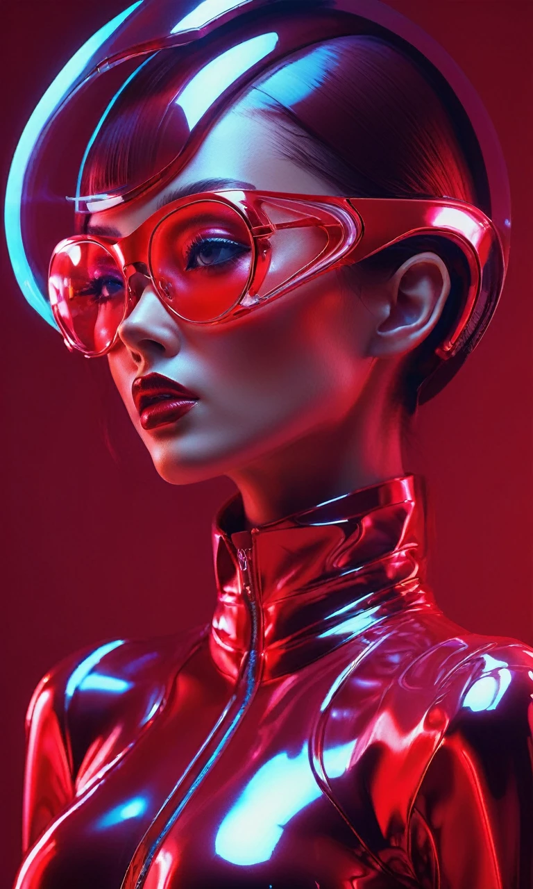 A woman in a red outfit wearing a  eyeglasses,in the style of futuristic art,smooth and shiny,shiny/ glossy,precise and lifelike,bold contrasts,iconic imagery,glossy finish,holographic,