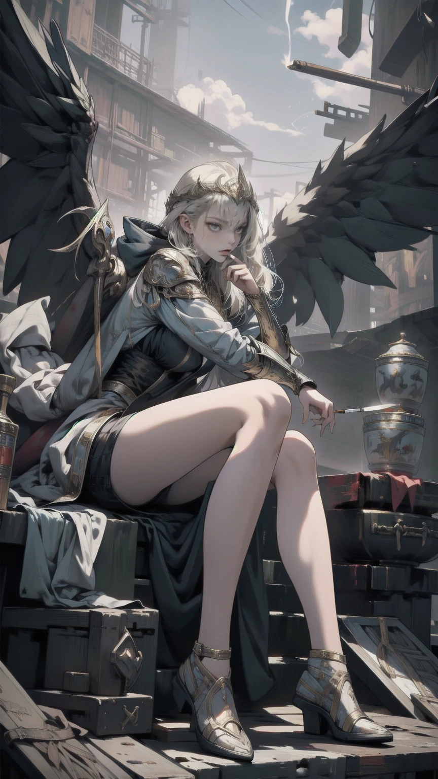 Watching the audience、,(whole body, Legs and shoes are visible: 1.2),.View your viewers、Holding a cigarette、Mysterious fantasy concept art, girl in black and Gold Armor, Gold Tiara, Gold Armor, Has a golden sword, Low Wing, Wings on the head, Multiple Wings, Winged Helmet, Glowing Sword, Glowing Rune, Conceit, Glowing Eyes, Good eyes, The pupils constrict, glowing Good eyes, tsurime, I parted my lips, magic circle, glory, glory light, glory light \(arms\), Lighting, Swirling lights are shining, gem, blue gemstone, with a dynamic and Magical background, Looking down, masterpiece, Best Quality, grow, Celestial, Mysterious, Picturesque, amazing, Majestic, Magical, Fantasy art, Cover art, Dreamy, Multilayer Texture, High resolution, High Dynamic Range, Maximum clarity and sharpness, Multilayer Texture,