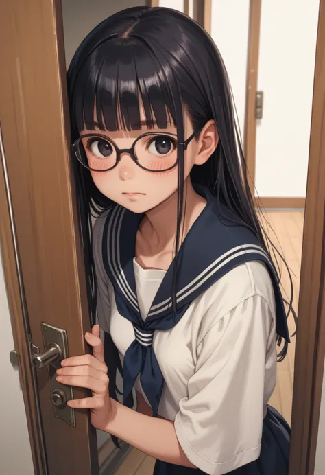 colorpencil,tareme,japanese,long hair,blunt bangs,black eyes,small breasts,glasses,dark blue sailor collar,white sailor shirt,bl...