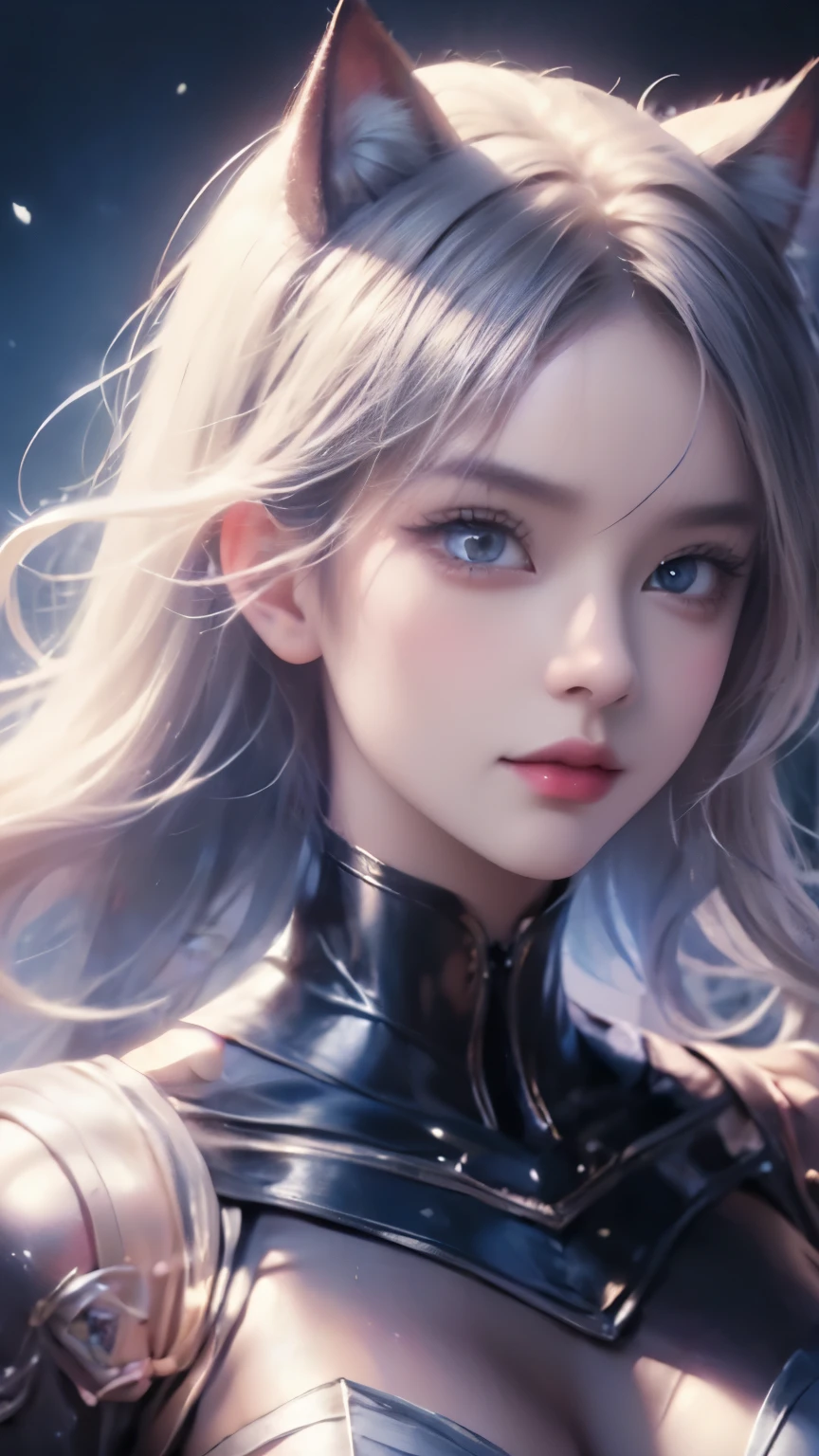 Portrait of Catwoman, anime catgirl, Smooth and soft skin, Fantastic big eyes, Beautiful complex colored hair, symmetric, Animation Wide Eyes, Beautiful eyes, soft lighting, Detailed face, by makoto shinkai, Stanley Atech Liu, Phlegm phlegm, wall, Lost Roses, concept art, digital painting, Looking at the camera, 1 woman