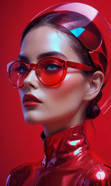 a woman in a red outfit wearing a  eyeglasses,in the style of futuristic art,smooth and shiny,shiny/ glossy,precise and lifelike...