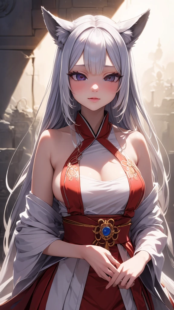 ((Ultra-detailed,Photorealistic,Ultra-high resolution,Highest quality,8k,The depth of the written world,)), fox girl,Goddess of Beauty,miko,small breasts,mesugaki,Minimum body,silver hair