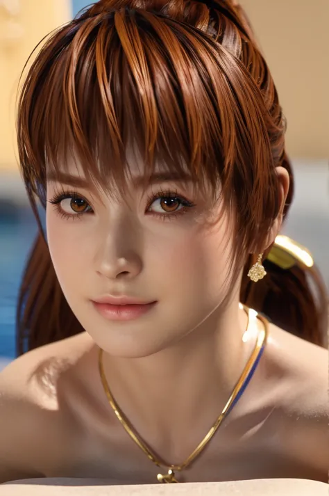 kasumi, beautiful detailed eyes, beautiful detailed lips, extremely detailed face, long eyelashes, ponytail, brown hair, nice sw...