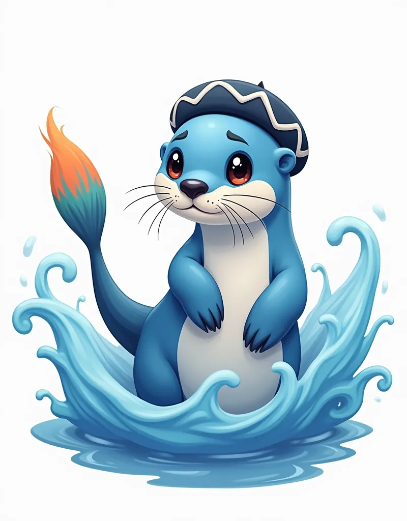 a blue sea otter, beret with a wavy pattern in the color of blue and white, thin long tail with a colorful tip that looks like a paint brush, adorable, playful, mischievous, cartoon, water wave of blue and white surrounding the otter, white background