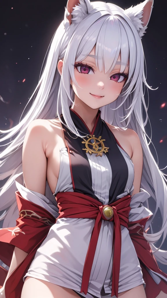 ((Ultra-detailed,Photorealistic,Ultra-high resolution,Highest quality,8k,The depth of the written world,)), fox girl,Goddess of Beauty,miko,small breasts,mesugaki,evil smile,Minimum body,silver hair