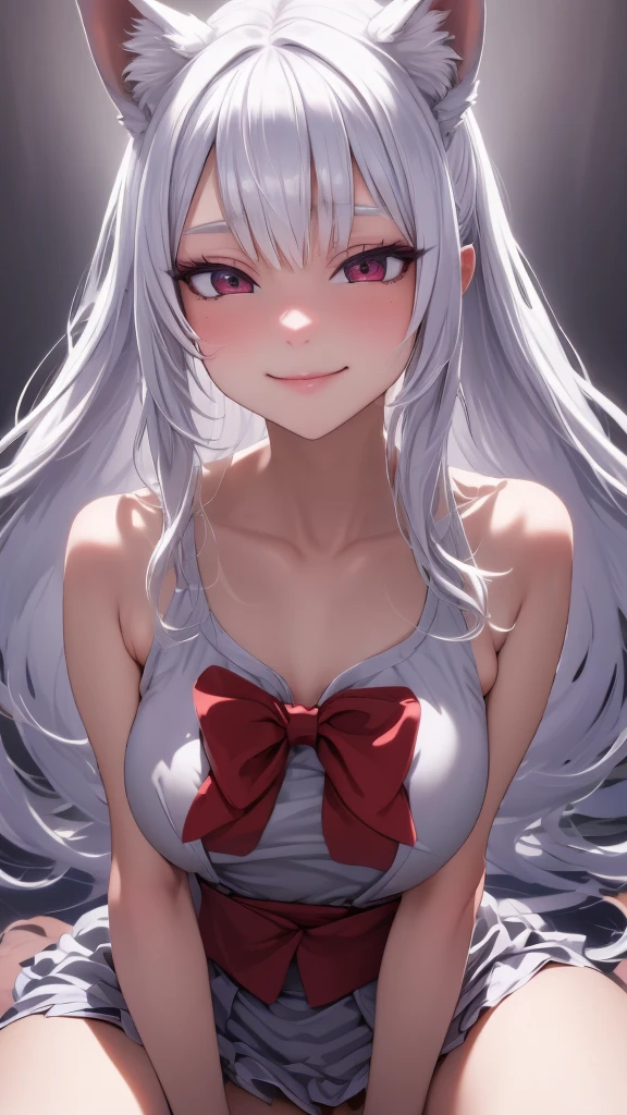 ((Ultra-detailed,Photorealistic,Ultra-high resolution,Highest quality,8k,The depth of the written world,)), fox girl,Goddess of Beauty,miko,small breasts,mesugaki,evil smile,Minimum body,silver hair