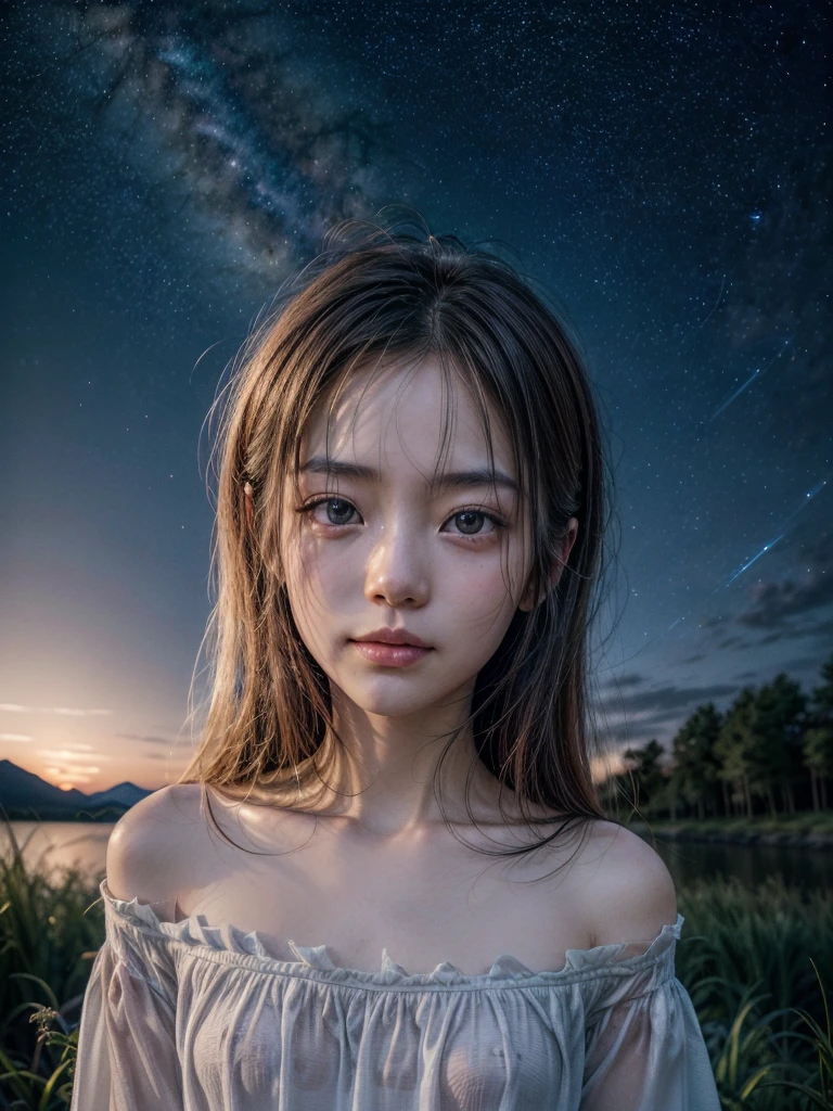 Focus on starry sky of summer. A Japanese woman looking up at a night sky filled with twinkling stars. She is wearing a seer white off shoulder shirt and her face, slightly blurred by the darkness, shows a subtle smile. The scene is serene and enchanting, with a focus on the starry sky and the gentle glow of the blouse contrasting against the dark background. The image should be realistic with a calm, tranquil atmosphere, and the stars should be clearly visible and bright against the dark night sky. (Raw photo:1.2), (Photorealsitic), Beautiful detailed,  (Real: 1.4), extremely detailed eye and face, beatiful detailed eyes, super wide lens shot from below