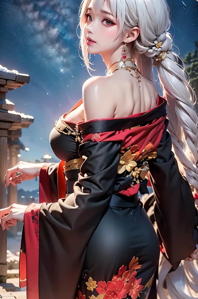 masterpiece, best quality, highly detailed, 1girl, white hair, off shoulder, off shoulder kimono, black and red kimono, Matte texture clothing. look up at the night sky. from side. nape, look back
