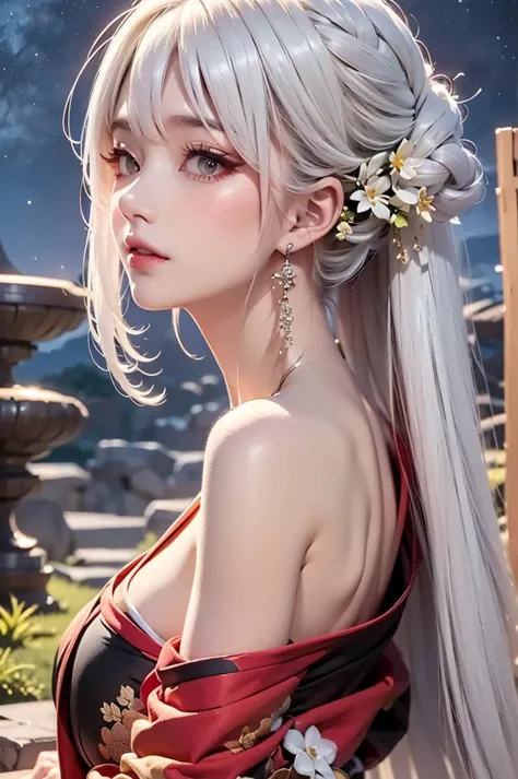 masterpiece, best quality, highly detailed, 1girl, white hair, off shoulder, off shoulder kimono, black and red kimono, matte te...