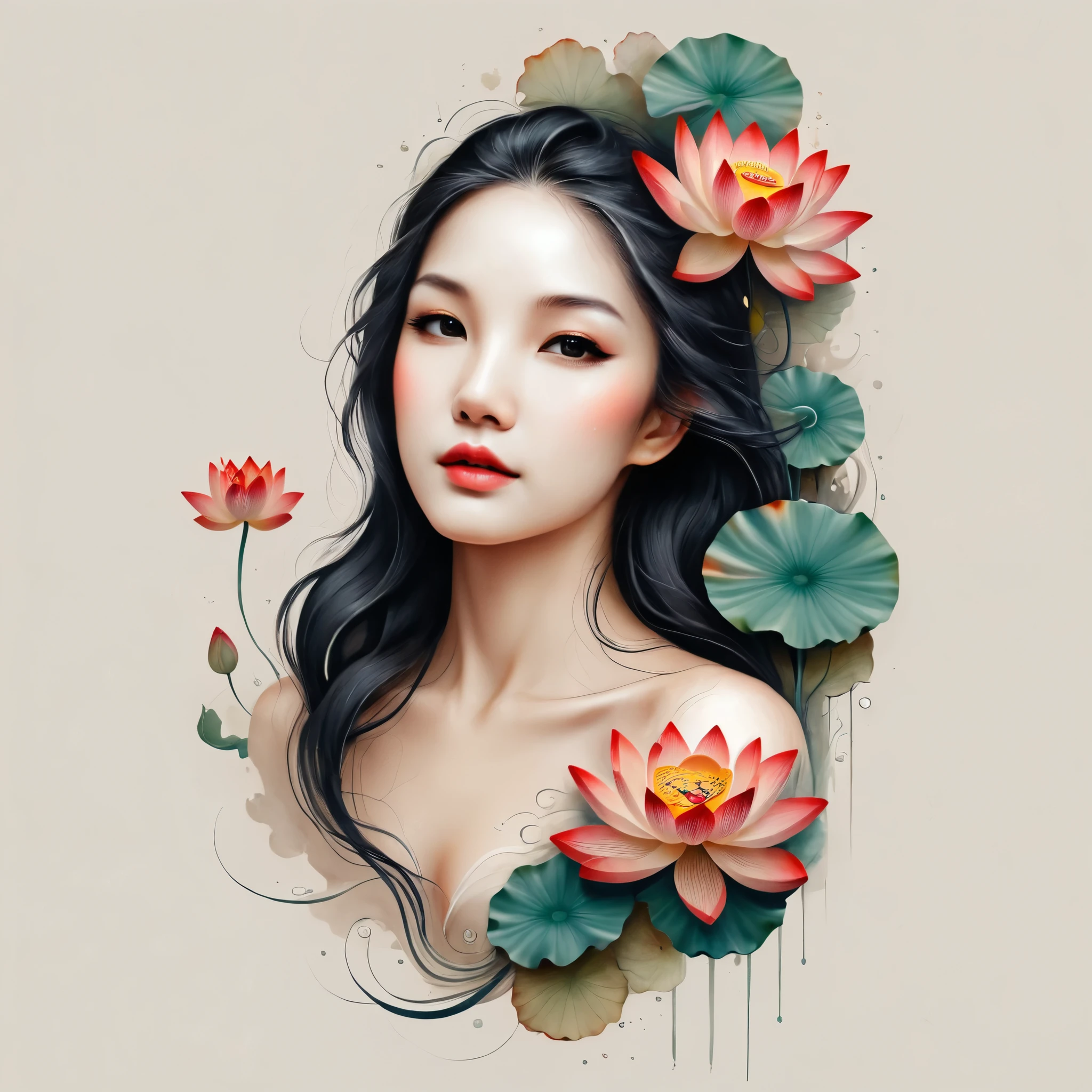 Modern minimalist art，（Close up of a woman with a lotus tattoo on her neck）,This woman has a delicate and charming face，long black hair，（Transparent lotus tattoo on neck：1.3），Flowing Hair Vignette，pretty face，red fox, delgado, beautiful eyes， elegant digital art, beautiful digital illustrations, beautiful figure painting, 