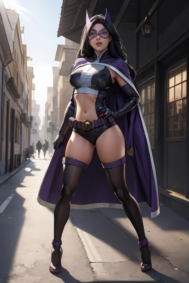 (((full body photo))) straight-on,pose,looking at viewer,solo, BREAK, CARTOON_DC_huntress_ownwaifu, www.ownwaifu.com, 
long hair, breasts, black hair, makeup, large breasts, lipstick, lips, blue eyes, red lips, 
gloves, thighhighs, cape, mask, navel, elbow gloves, superhero, midriff, belt, leotard, purple gloves, utility belt, pouch, belt pouch, domino mask, black thighhighs, purple leotard, purple thighhighs, short shorts, clothing cutout, bodysuit, impossible clothes, purple cape, navel cutout, 
(extremely detailed fine touch:1.2), (natural light, sun light, light rays, dappled light, ray tracing:1.2), masterpiece, best quality, highly quality ,official art, 8K, highres, (absurdres:1.2), (bokeh:1.2),