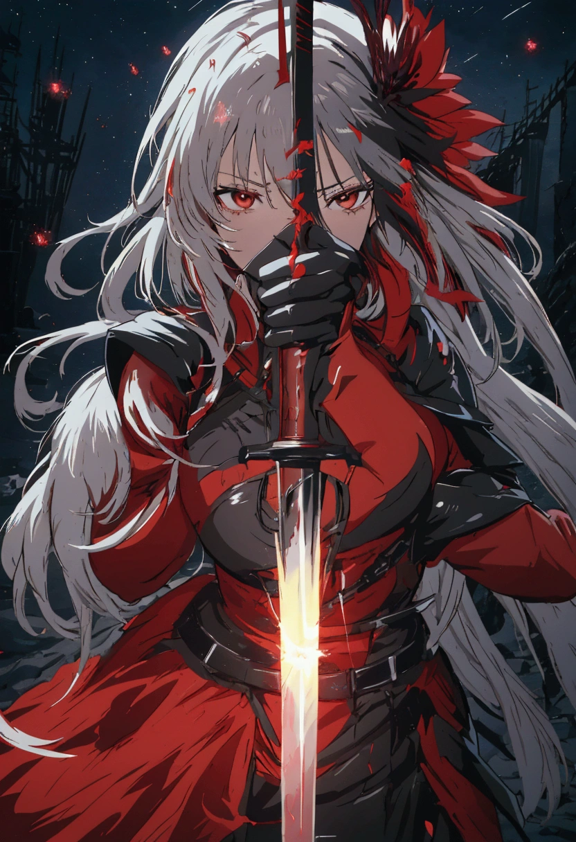 anime girl with sword and red dress holding sword in dark, badass anime 8 k, detailed key anime art, detailed anime artwork, from arknights, detailed anime art, clean detailed anime art, detailed digital anime art, detailed anime character art, black and red armor, anime epic artwork, anime illustration, anime wallpaper 4 k, anime wallpaper 4k