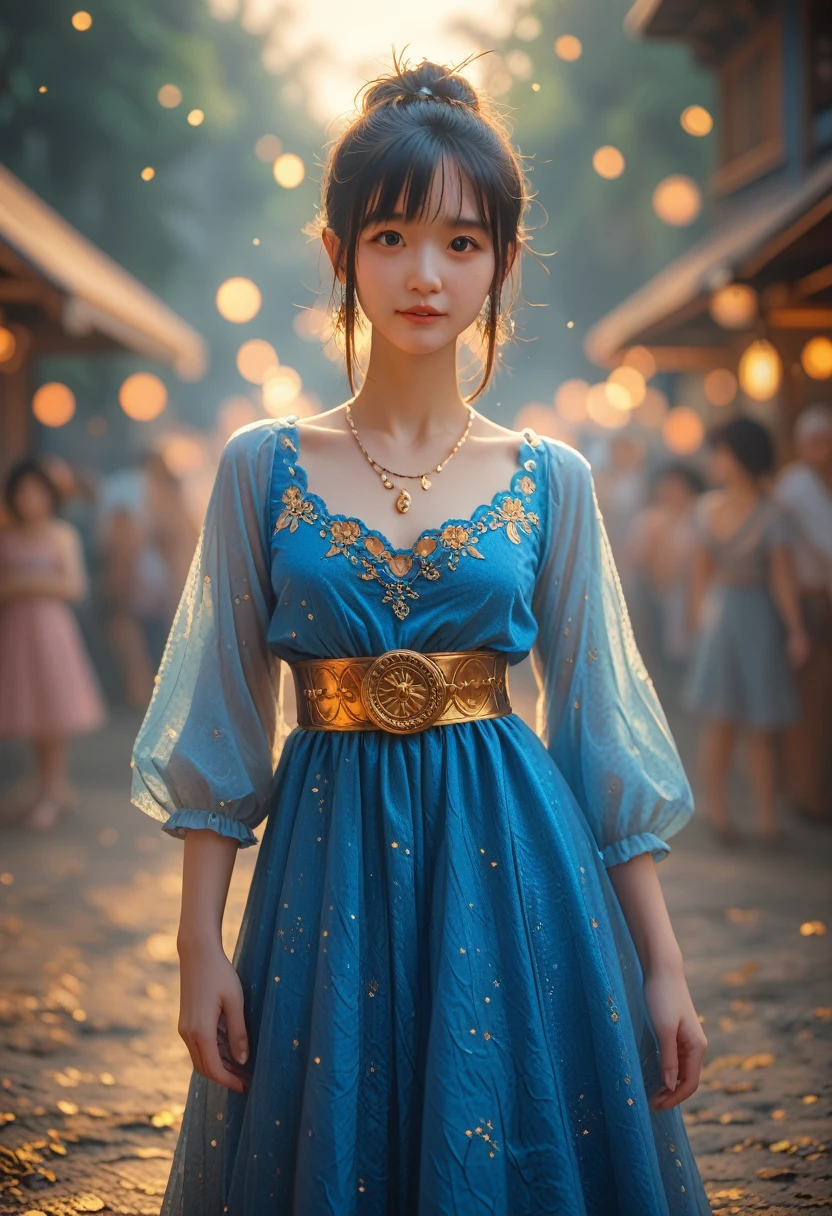 Arafeka in a blue dress with a golden belt and necklace, 3D rendering of characters 8k, trending on cgstation, Chengwei Pan on ArtStation, inspired by Lan Ying, 8K Artgerm Bokeh, High quality detailed 8K graphics, deviantart artstation cgscosiety, cgsociety 8k, cgsociety 8k