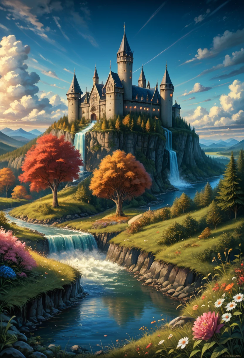 masterpiece, Best quality, high quality, Very detailed CG unit 8k wallpaper, landscape, outdoors, sky, cloud, day, large medieval castle, No people, mountain, landscape, water, tree, blue sky, waterfall, cliff, nature, lake, River, village, autumn, cloudy sky, multicolored flowers, award winning photography, hips, depth of field, HDR, blossom, chromatic aberration, Photorealistic, Very detailed, trend on artstation, CGsociety trend, difficult, High detail, dramatic, art in the middle of the road