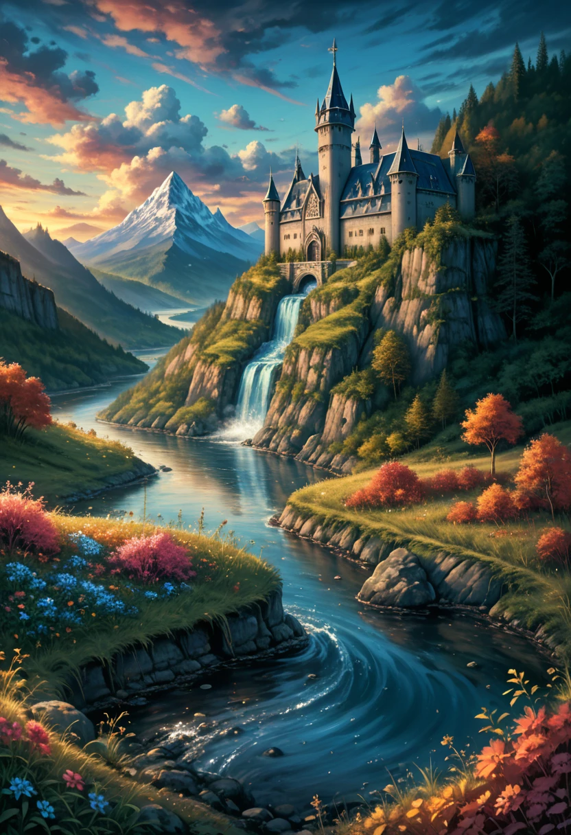 masterpiece, Best quality, high quality, Very detailed CG unit 8k wallpaper, landscape, outdoors, sky, cloud, day, large medieval castle, No people, mountain, landscape, water, tree, blue sky, waterfall, cliff, nature, lake, River, village, autumn, cloudy sky, multicolored flowers, award winning photography, hips, depth of field, HDR, blossom, chromatic aberration, Photorealistic, Very detailed, trend on artstation, CGsociety trend, difficult, High detail, dramatic, art in the middle of the road