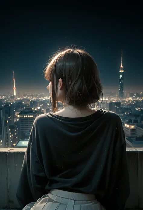 girl in black top sits on edge of skyscraper, from studio ghibli, cityscape, detailed illustration, official art, in kawashi sty...